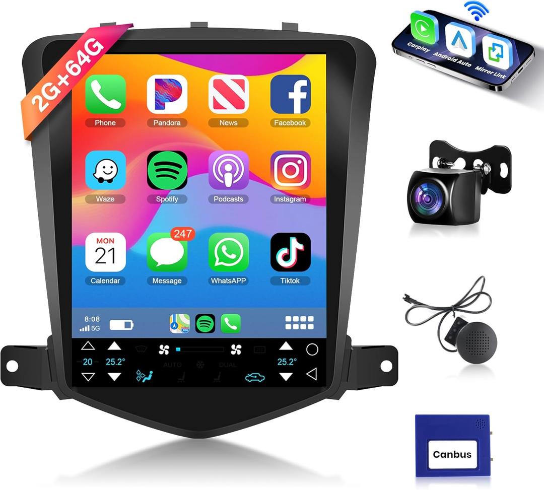 4Core + 64GB Android 13 Upgrade Car Radio for Chevrolet Chevy Cruze J300 2009-2015, Rimoody 9.7 Inch 1024 * 600 HD IPS Tesla Style Touchscreen Wireless Carplay Andriod Auto GPS 5G-WiFi Backup Camera