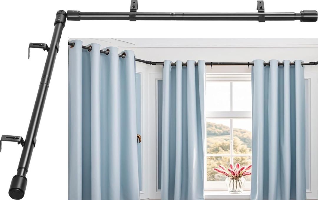 Heavy Duty 1 Inch Corner Curtain Rods Set 30-87 Inch Curtain Rod for Windows L Shaped Curtain Rods Window Curtain Rods Set (Black)