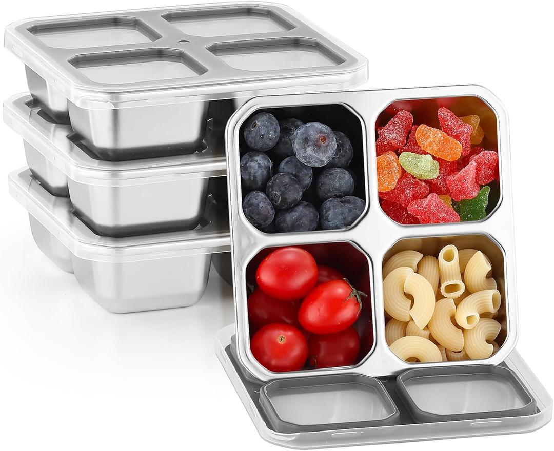 BEFOY 4 Pack Stainless Steel Snack Containers with Lids 4 Compartment Food Storage Containers for Adults & Kids Meal Prep Containers Reusablele (Gray, 4)