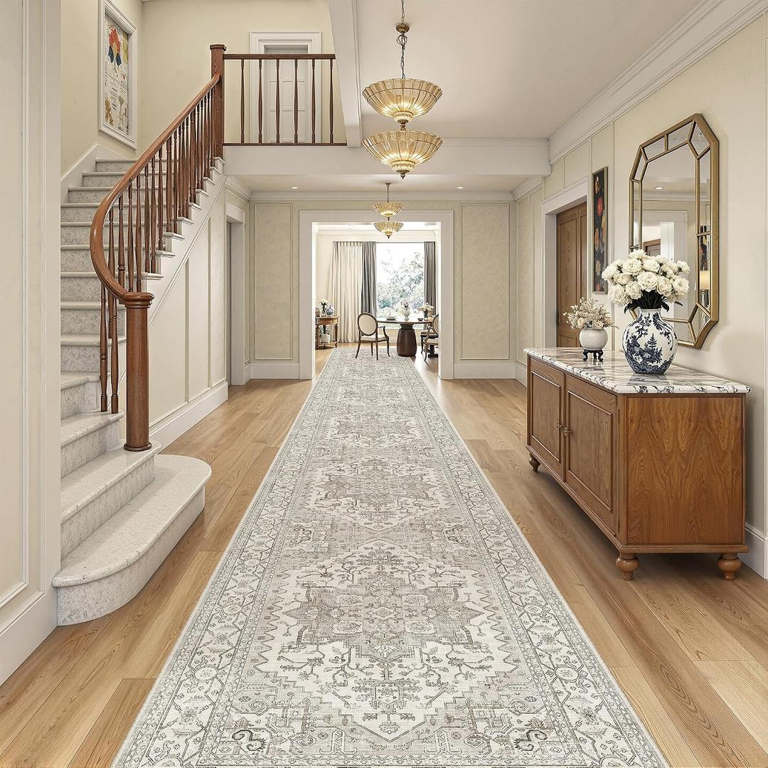 Madane Hallway Runner Rug 3x20 Washable Kitchen Runners 20ft, Beige/Brown | Vintage Non Slip Extra Long Area Rugs , Soft Low-Pile Farmhouse Wide Floor Carpet for Corridor Entryway Bathroom Bedroom