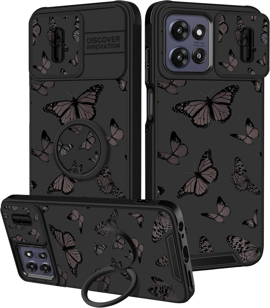 for Moto G Power 5G 2025, for Moto G Play 2025 Case - Women Girls Cute Phone Cover Girly Pretty Black Butterfly with Camera Cover and Ring Stand Funda for Motorola G Power 5G 2025/G Paly 2025