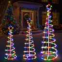 3 Packs Christmas Spiral Tree with Lights, 3/ 4/ 5 FT Lighted Xmas Collapsible Tree with Metal Stakes for Indoor & Outdoor, Yard, Porch, Garden Holiday Decor (Multi-Color, 3-4-5 FT)