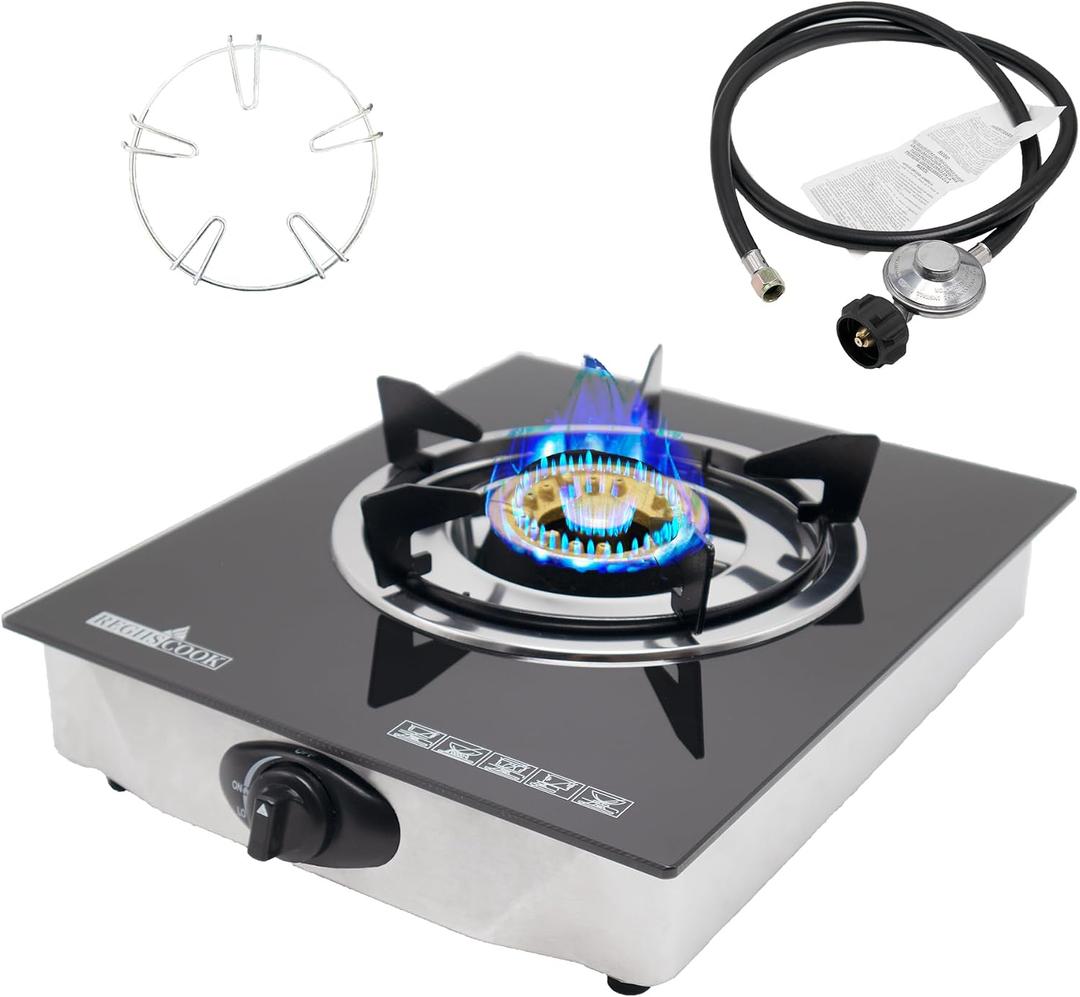 1 Burner Propane Gas Cooktop,Camping Portable LPG Gas Stove, Auto Ignition Tempered Glass Countertop Regulator and Burner Grate