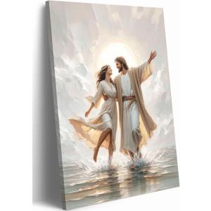 Jesus and Woman Dancing On Water Canvas Wall Art Jesus with Girl Wall Decor Pictures Christian LDS Art poster Prints for Living Room Bedroom Church Home Decorations 16x24in Ready to Hang