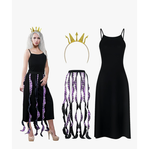 3 Pcs Women Octopus Costume Black Purple Octopus Dress Long Tentacles Gold Crown Undersea Witch for Halloween
