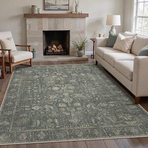 BESBLEE 8x10 Area Rugs for Living Room, Machine Washable Vintage Retro Rugs,Non Slip Low Pile Lightweight Thin Print Rug,Bedroom, Dining Room, Home Office,Dark Grey