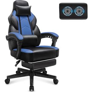 Video Game Chair for Adults, Gaming Chair with Footrest, Big and Tall Computer Chair with Massage Lumbar Support 330lbs Weight Capacity, Adjustable Height, 360 Swivel Seat and Headrest (Blue)