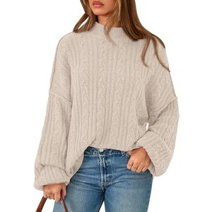 PRETTYGARDEN Womens Sweater 2026 Long Sleeve Crewneck Cable Knit Oversized Sweaters Pullover Exposed Seam Spring Outfits, M