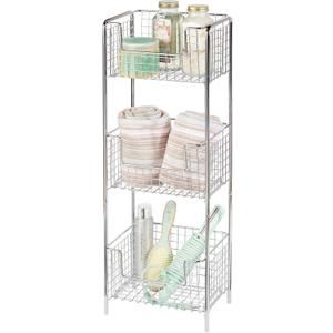 mDesign Steel Freestanding Storage Organizer Tower Rack Basket Shelf, Metal 3-Tier Furniture Unit for Master/Guest Bathroom, Powder Room - Holds Bath Towels, Soap - Concerto Collection - Chrome