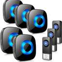 Wireless Door Bells for Home, PHYSEN Waterproof Door Chime Kit Operating at 1300-ft 58 Chimes 5 Volume Levels LED Strobe, 3 Push Buttons + 5 Plug in Receivers, Black