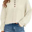 Saodimallsu Womens Crochet Button Sweaters Batwing Long Sleeve Henley Knit Shirts Drawstring Loose Trendy Sweater Tops (Small, White)