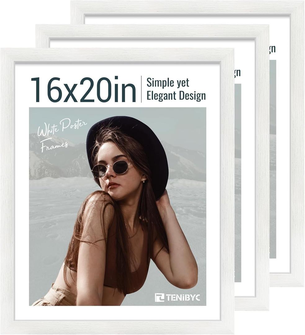 16x20 Picture Frame Set of 3 - White Woodgrain, Solid Wood, HD Tempered Glass, Wall Gallery Poster Frame