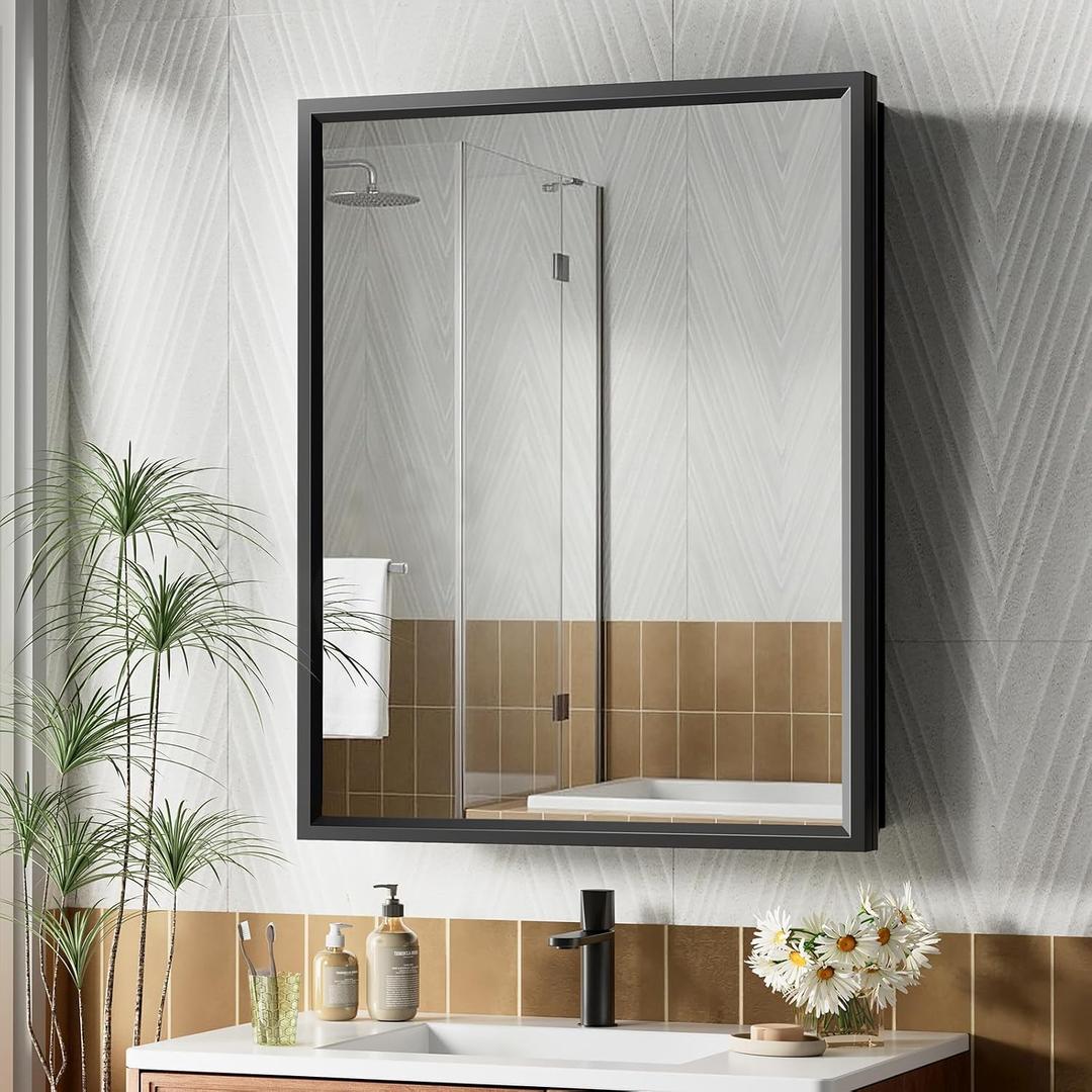 24“ x 30” Black Medicine Cabinets for Bathroom with Mirror, Aluminum Alloy Framed Mirror,Metal Bathroom Vanity Mirror with Storage Cabinet