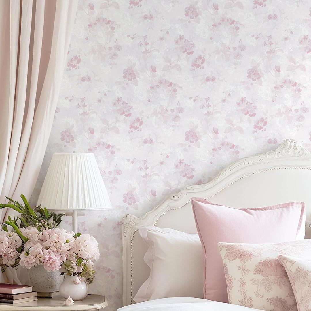 Dimoon 393"x17.3" Pink Wallpaper Floral Contact Paper Peel and Stick Wallpaper White Vintage French Country Renter Friendly Bathroom Boho Flower Removable Wall Paper Kitchen Self Adhesive Vinyl Roll