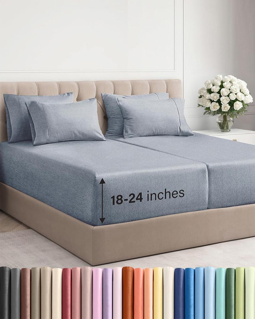 Extra Deep Split King Sheet Set - 7 Piece Breathable and Cooling Sheets - Hotel Luxury Bedding for Women, Men, Kids & Teens - Secure Fit - Soft and Wrinkle Free - Extra Deep Pockets - Heathered Blue