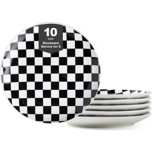 Euisail Ceramic Dinner Plates Set of 6-10 Inch Salad Plates, Black and White Checkered Porcelain Dinner Plates Microwave, Oven & Dishwasher Safe, Minimalist Porcelain Dish Set