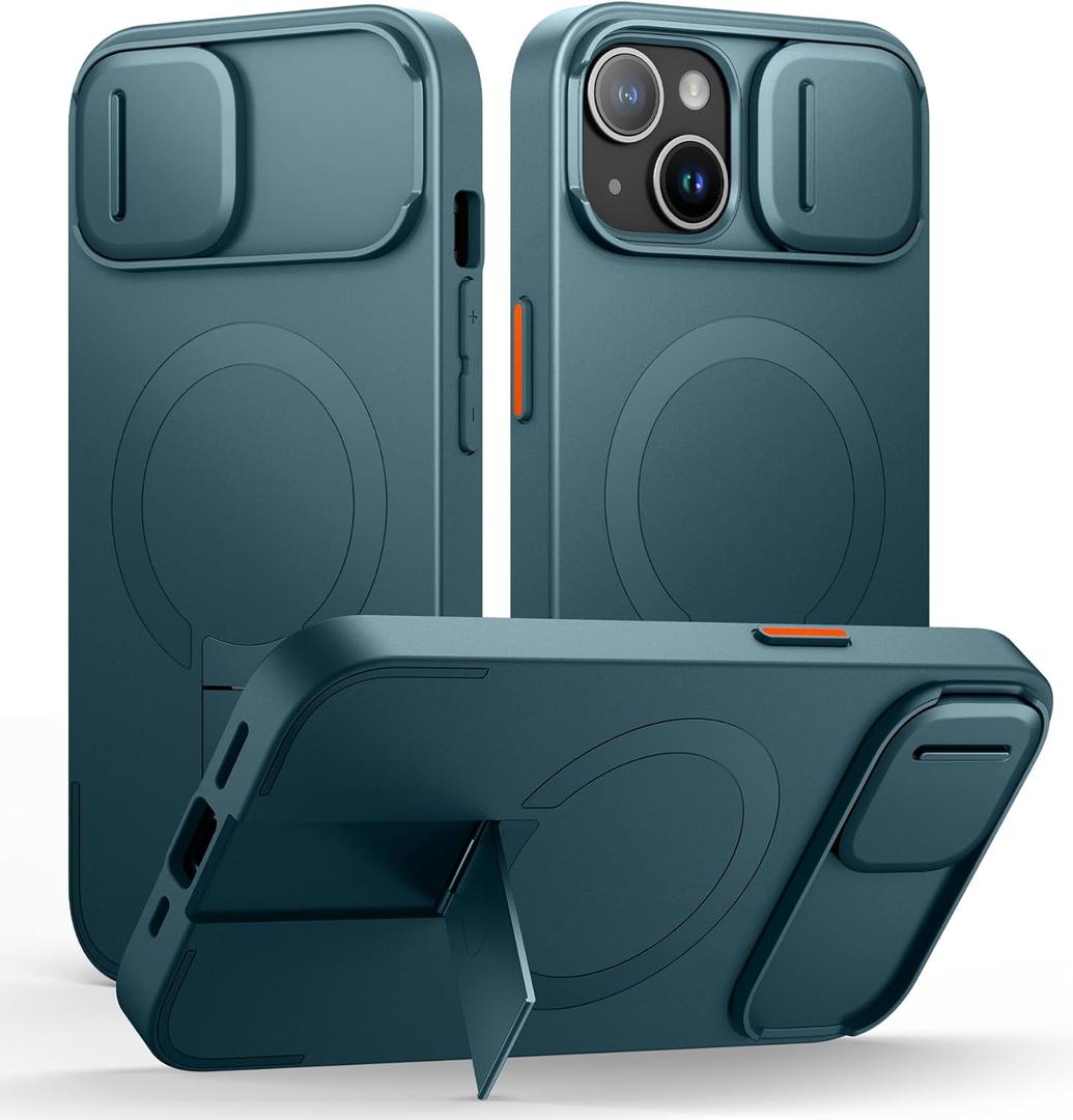 SURITCH for iPhone 13/14 Case with Magnetic Camera Slide Cover and Adjustable Kickstand, Compatible with MagSafe, Shockproof Bumper Case Slim Protective Cover for iPhone 13/14 6.1 Inch, Lake Green