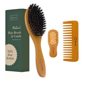 Boar Bristle Hair Brush Set For Women-100% Natural Boar Bristle Brush+Small Travel HairBrush+Bamboo Wide Tooth Comb For Fine And Thin Hair Smoothing Massaging Detangling. Restore Shine And Texture.