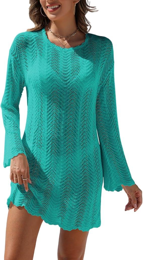 VIMPUNEC Crochet Swimsuit Coverup for Women Summer Bathing Suit Cover Ups Swimwear Beach Dress, Size S