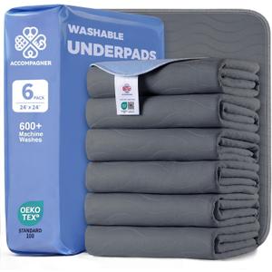 Accompagner Waterproof Reusable for Adults and Pets Washable Pee Pads for Dogs Changing Pad Large Dog Bed Size Adults Incontinence Bed Pads - Non-Slip Leak-Proof,Dark Gray, 24"x24", Pack of 6