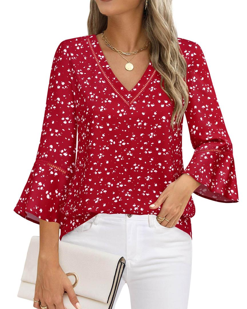 Timeson 3/4 Length Sleeve Womens Tops: Office Attire - Womens Blouses for Work Professional - Business Casual Shirts for Women Ladies Tops Chiffon V Neck Professional Interview Clothes Red Spot L (L)
