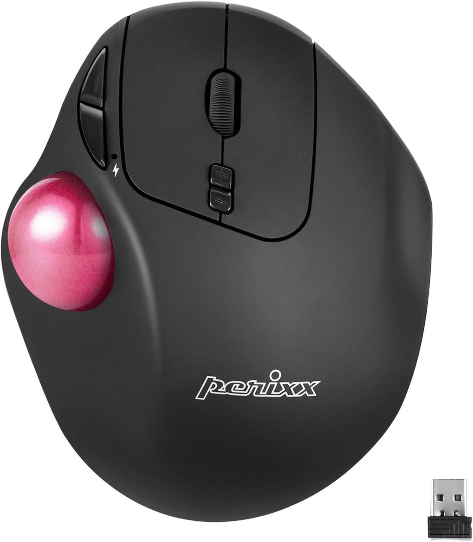 Perixx PERIMICE-717PKB Wireless Trackball Mouse, Build-in 1.34 Inch Glossy Trackball with Pointing Feature - 5 Programmable Buttons - Black Body - Pink Ball