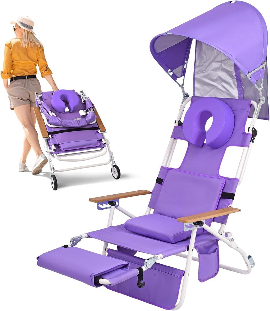Heavy Duty 5-in-1 Padded Beach Tanning Chair with Face Hole, Wheels, Canopy Shade, Adjustable Backrest & Footrest, Folding Reclining Lay Flat Beach Lounger for Adults Reading Sunbathing Poolside