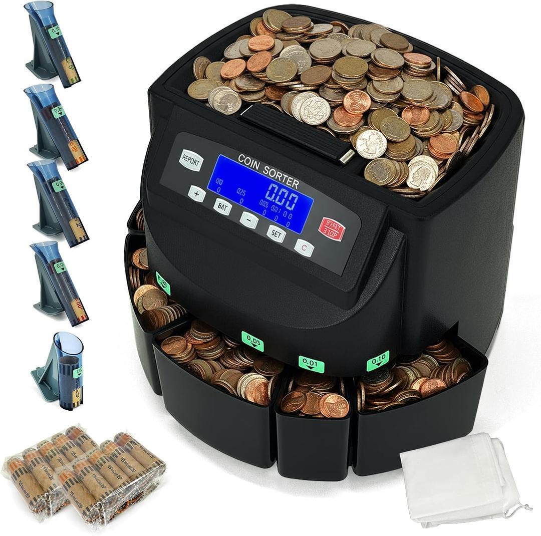 USD Coin Counter Machine with LCD Display,Coin Sorter and Wrapper Machine,Sorts 151025$1 up to 300 Coins/min,2000-coin Capacity,Business Grade,5 Bins&5 Tubes,Automatic Wrapper (Matte Black)
