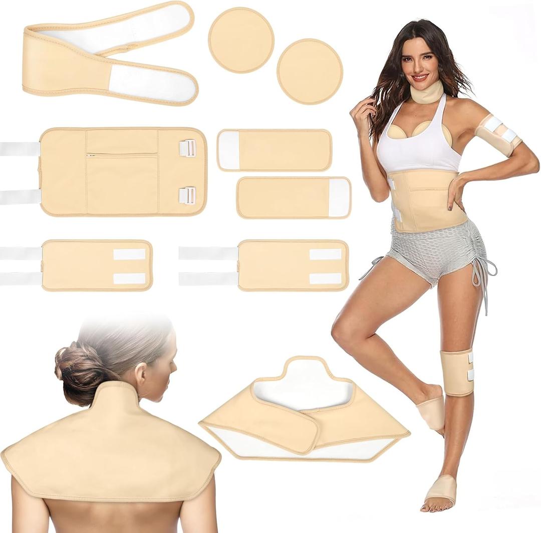 Castor Oil Pack Wrap, 9pcs Reusable Organic Cotton Castor Oil Pack Kit for Shoulder Neck Waist Chest Knee and Feet - Adjustable Compress Castor Oil Wrap Pads for Entire Body, Anti-Oil Leak (Beige)
