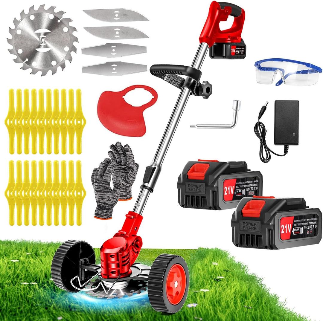 Cordless Weed Wacker, Electric Grass Trimmer 21V 4.0Ah Battery Powered Weed Trimmer, 3 in 1 Stringless Lightweight Brush Cutter/Edger/Mower with 3 Types Blade & Wheels for Garden and Yard Lawn 
