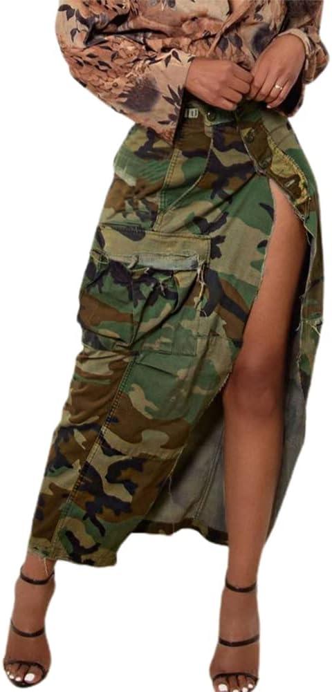 THLAI Women Midi Skirt Camo Cargo Skirt for Women Sexy High Split Skirt Maxi Skirts Novelty Skirts XXL