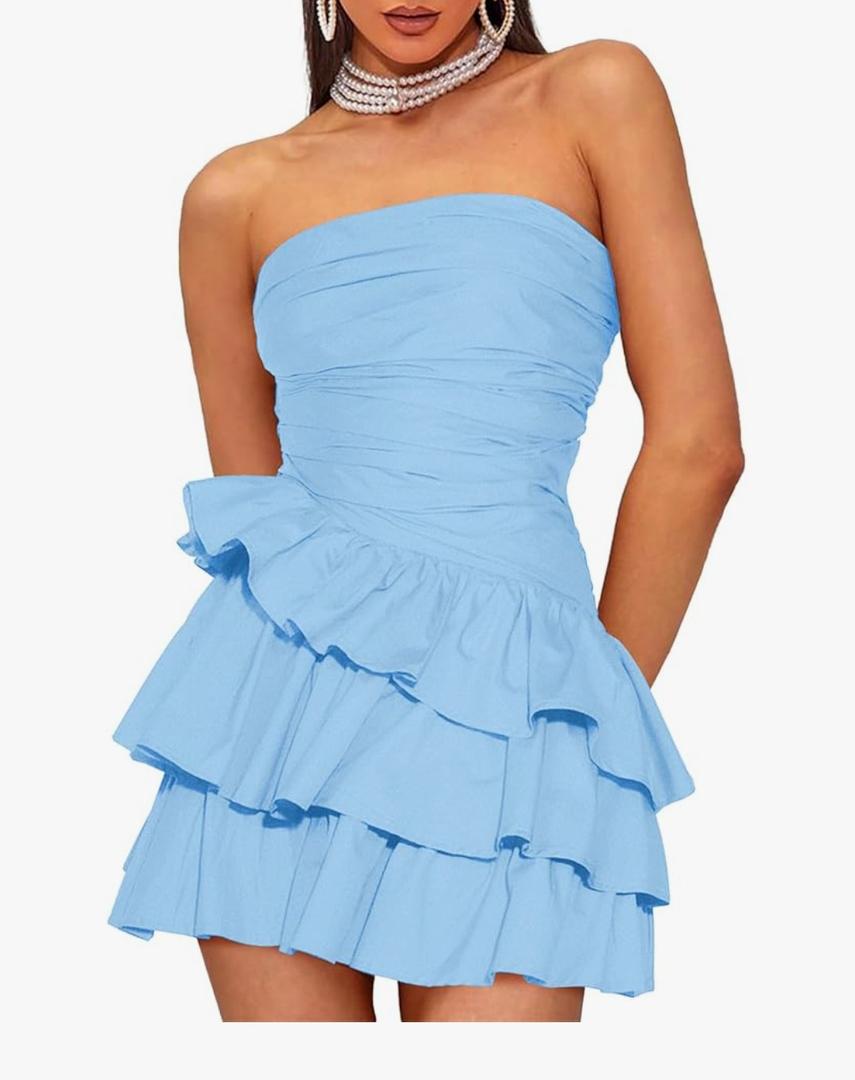 Women's Ruched Strapless Tube Mini Dress Sleeveless Tiered Layered Ruffle A Line Short Dresses S