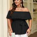 SCOMCHIC Plus Size Off The Shoulder Peplum Tops for Women Summer Ruffle Hem Blouse Chiffon Babydoll Top (Black, XXXL)