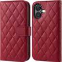 OCASE Compatible with iPhone 17 Wallet Case, PU Leather Flip Folio Case with Card Holders RFID Blocking Kickstand [Shockproof TPU Inner Shell] Phone Cover 6.3 Inch 2025, Diamond Check Red