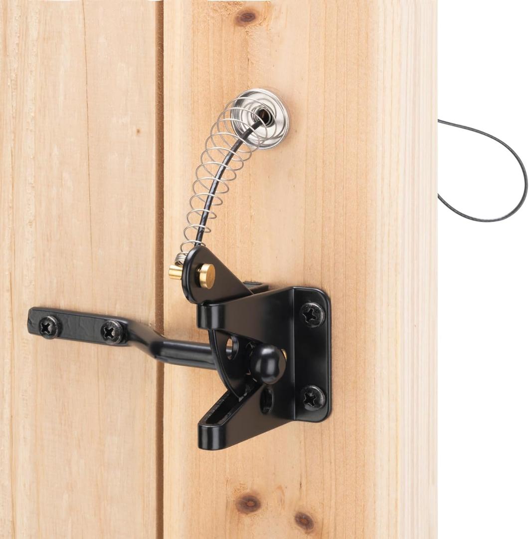HILLMASTER Self Locking Gate Latch for Wooden Fence Heavy Duty,Gravity Lever Fence Door Latches with Steel Spring Cable Pull String Gate Hardware Gate Lock for Outdoor Secure Pool,Garden,Black Finish