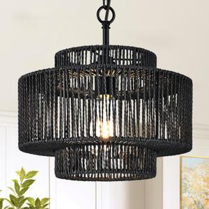 Bagood 12.4" Black Woven Pendant Light 1 Light Black Rattan Chandelier Hand-Woven Rattans Chandelier 3-Tier Rattan Pendant Farmhouse Chandeliers Light Fixture for Dining Room Living Room