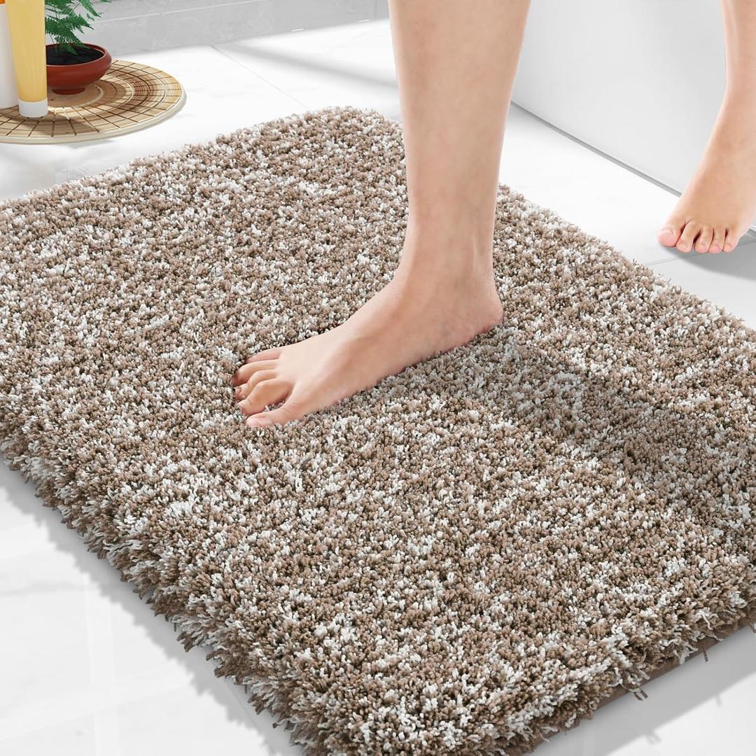 Yimobra Bathroom Rugs Non Slip Washable 24x17, Ultra Soft and Water Absorbent Bath Mats, Plush Fluffy Shower Mat Outside, Microfiber Thick Matts for Bathroom Floor/Sink, Light Brown and White