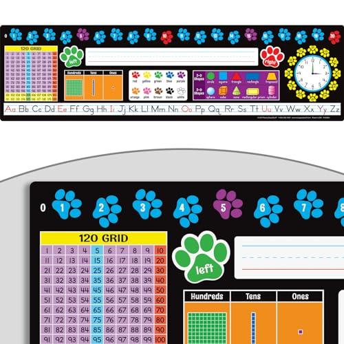 Really Good Stuff 24PK Paw Prints Self-Adhesive Vinyl Desktop Reference Nameplate with Numbers, Grid, Colors, Shapes-Traditional Manuscript Name Tags