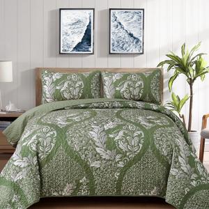 Green Quilt Set King, 3 Pieces Green and Silver Damask Printed Bedspread King Sizes Coverlet Set Soft Lightweight Microfiber Bedding Set for All Season (104"x90")