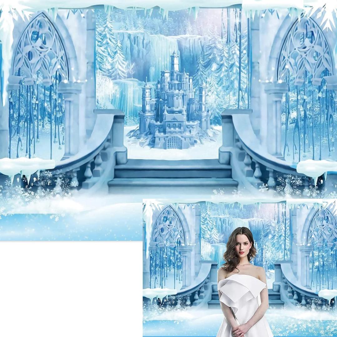 8x6FT Winter Castle Backdrop Winter Wonderland Ice Castle Photography Backdrop Ice and Snow World Blue Ice Snowflake Backdrop for Kids Newborn Baby Princess 1st Birthday Party Decor Banner