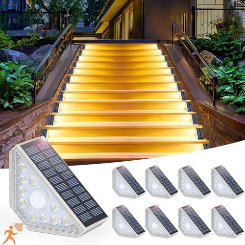 Kondras Motion Sensor Solar Stair Lights Outdoor, 8-Pack Super Bright LED Solar Powered Step Lights for Outside, 550LM IP67 Waterproof Outdoor Sensor Lights for Stair Porch Yard Deck, Warm White