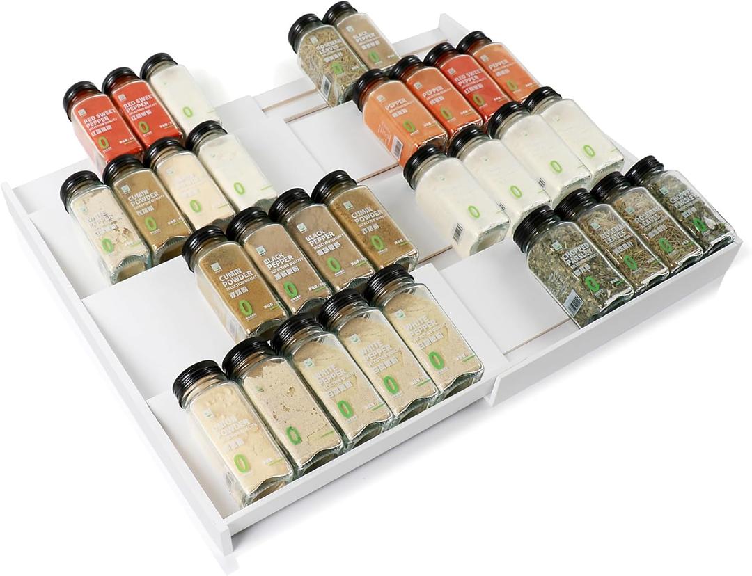 Bamboo Spice Drawer Organizer, (Need 3.1 Deep Drawer) Expandable 4 Tier Spice Rack for Cabinet (From 12" to 23" Wide), Seasoning Storage Insert, Spice Organizer for Drawer,Jars Not Included