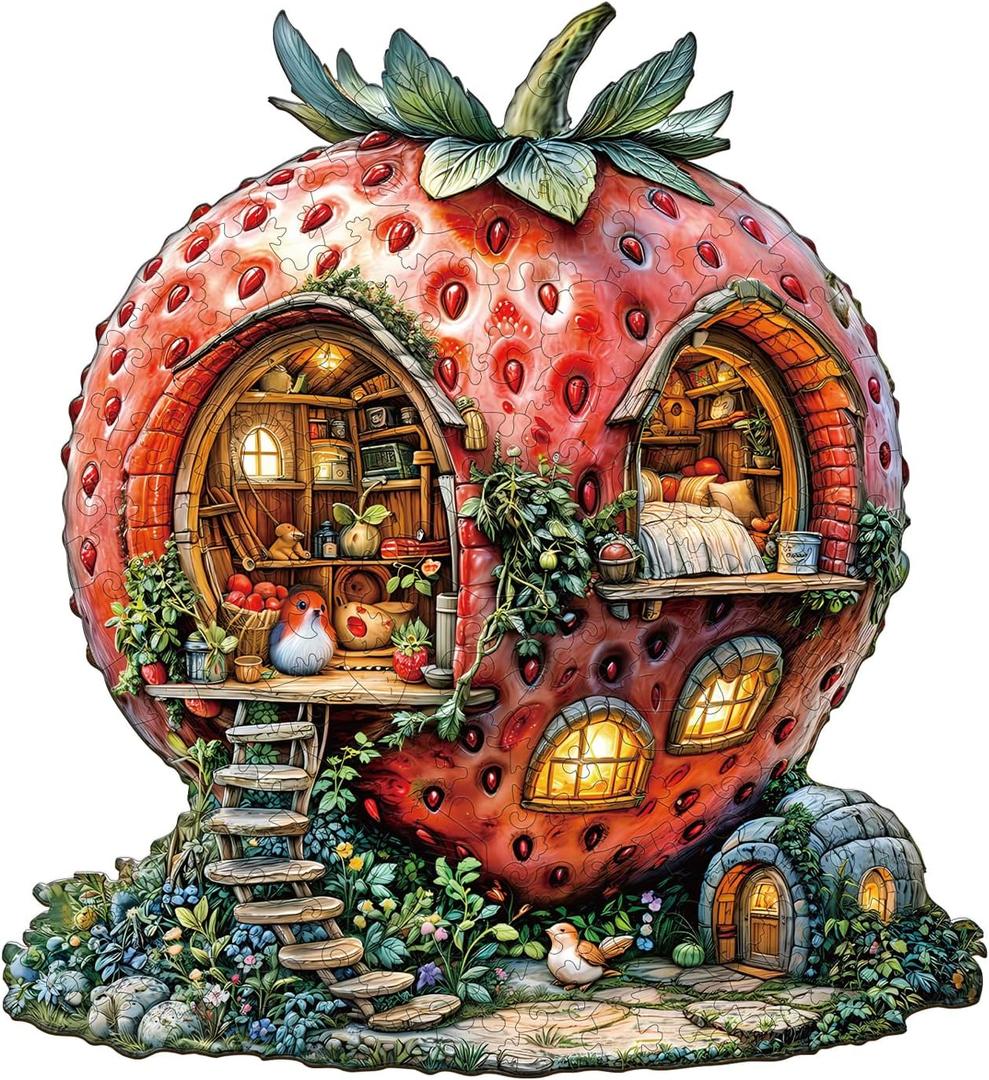 Wooden Puzzles for Adults - Strawberry Hut Wooden Puzzle, Unique Shaped Wood Jigsaw Puzzle for Adults, Wood Puzzles Adult, Gifts for Family, Wall Art Home Decor (170pcs 11.4 * 10.5in M)