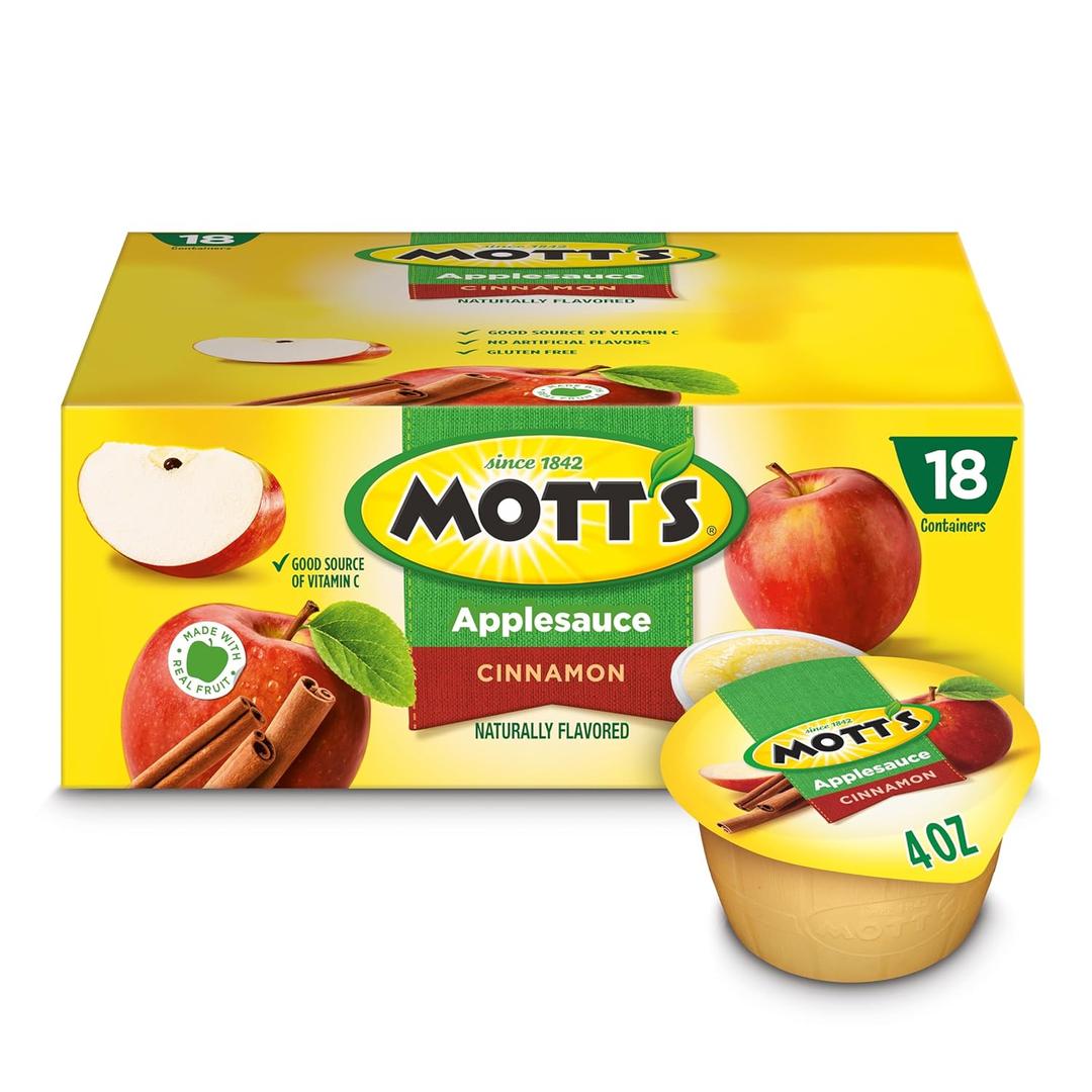 Mott's Cinnamon Applesauce, 4 Oz Cups, 18 Count, No Artificial Flavors, Good Source Of Vitamin C, Nutritious Option For The Whole Family, BB 03-05-27
