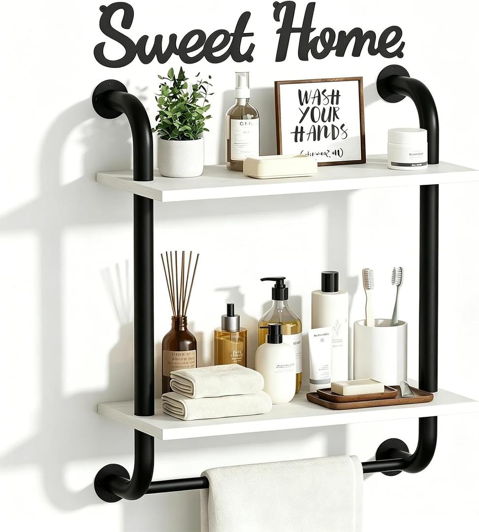 Tinpin Bathroom Shelves Wall Mounted, Rustic Farmhouse Pipe Shelves 2-Tier, Floating Shelf Wall Decor for Bathroom, Kitchen, Bedroom, Living Room Thanksgiving Day 17.3in White