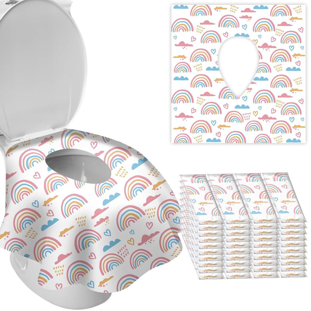 DEEKI 60 Pack Toilet Seat Covers Disposable, Safe No-Slip Waterproof for Kids Toddlers Use in Potty Training Public Restrooms Toilets, Portable Clean Covers for Adults Travel - Rainbow (40 Count)