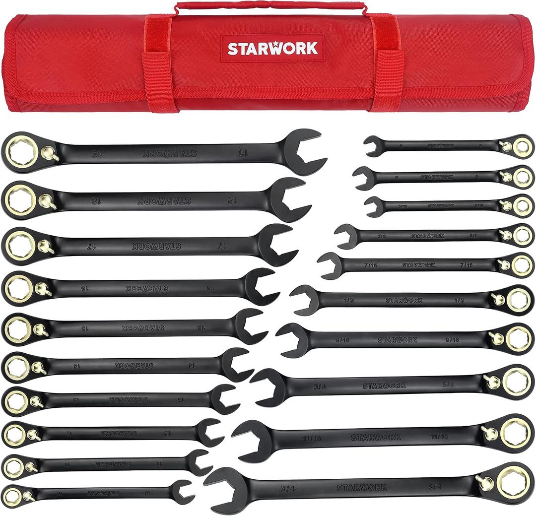 STARWORK TRUE MECHANIC 20 Pc. 120-Tooth Reversible Ratcheting Wrench Set, Combination Ratchet Wrench Set, Non-Slip, Long Pattern, 6-Point 15 Offset, Professional, SAE/Metric(5/16-3/4" & 8-19 mm)