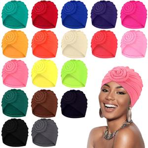 JaGely 18 Pieces Women Turban African Pre Tied Bonnet Hairwrap for Sleeping Flower Knot Bonnet Beanie Cap Turban Head Wraps Pre Knotted Headband Hat, One Size
