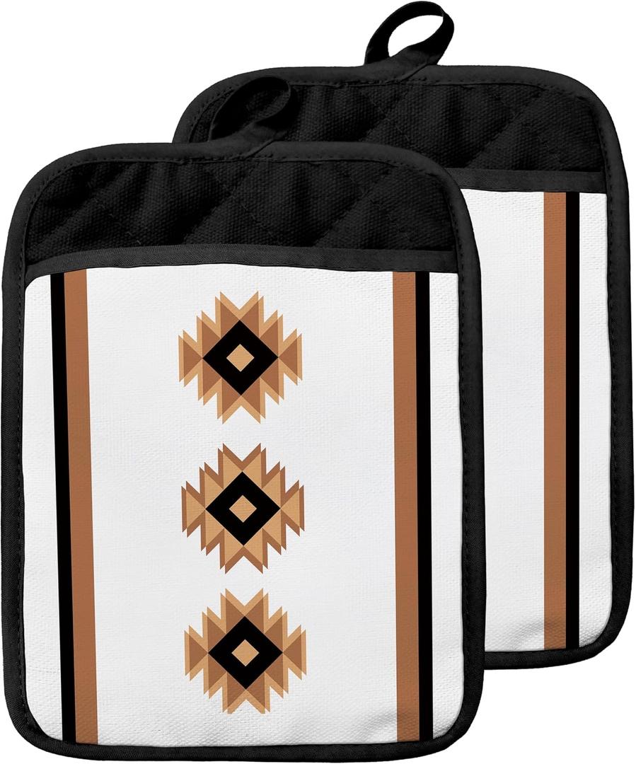 Western Aztec Pot Holders with Pockets, Boho Western Southwestern Aztec Native Oven Pot Holders Heat Resistant Oven Mitts Hot Pads for Kitchen Baking Cooking