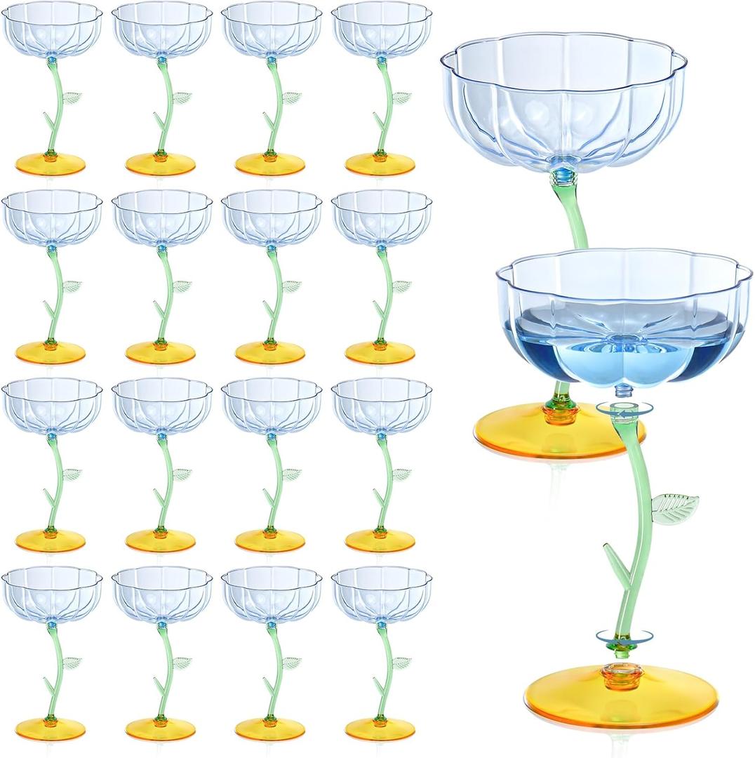 24 Pcs Blue Plastic Ribbed Coupe Glasses Detachable 7oz Flower Cocktail Glasses Modern Wavy Plastic Cocktail Coupes Disposable Martini Glasses Mimosa Glassware champagne goblets (24, Blue)